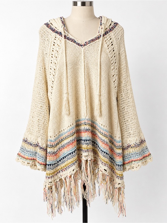 Free People Sweaters - Free People Tah-Loo Knit Hooded Sweater Fringe Tunic Women’s Large  XL Boho Fall